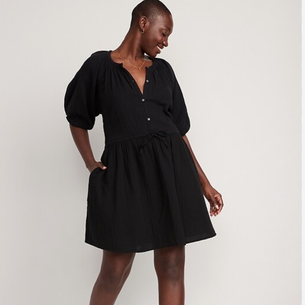 Old Navy Waist Defined Puff Sleeve Mini Dress Black Size M